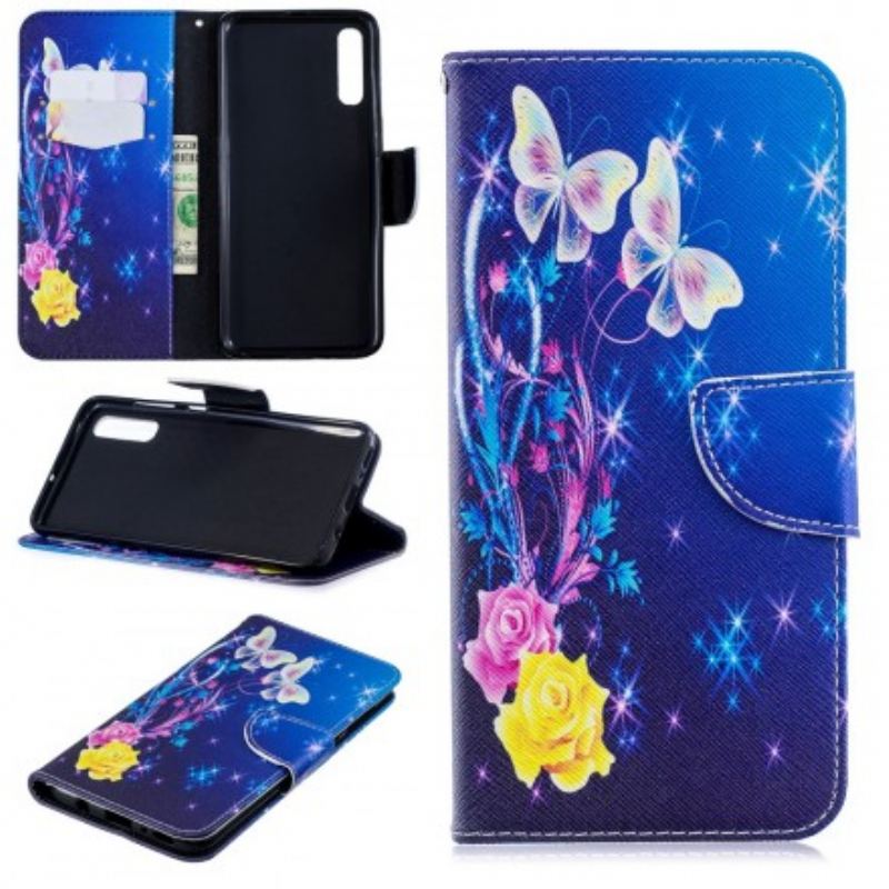 Læder Cover Samsung Galaxy A70 Gyldne Sommerfugle