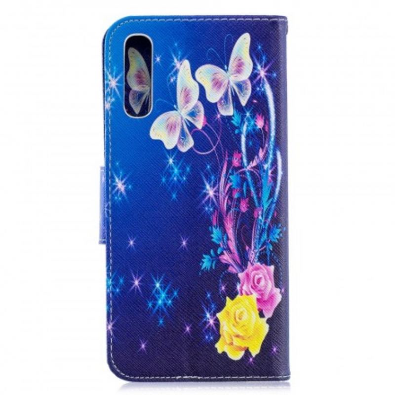 Læder Cover Samsung Galaxy A70 Gyldne Sommerfugle