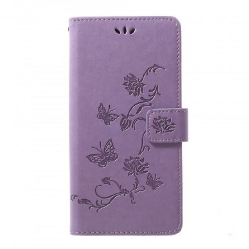 Læder Cover Samsung Galaxy A70 Med Snor Sommerfugle Og Blomsterrem