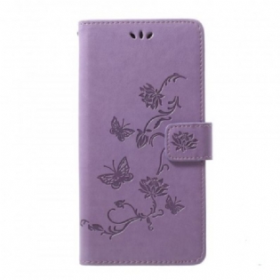 Læder Cover Samsung Galaxy A70 Med Snor Sommerfugle Og Blomsterrem