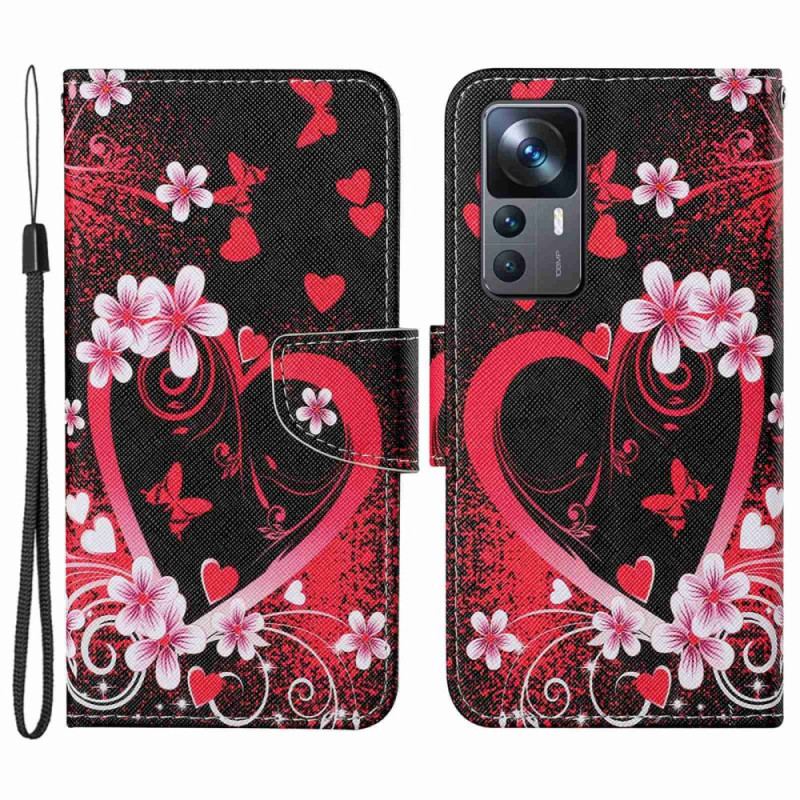 Flip Cover Xiaomi 12T / 12T Pro Blomster Og Hjerter Med Snor