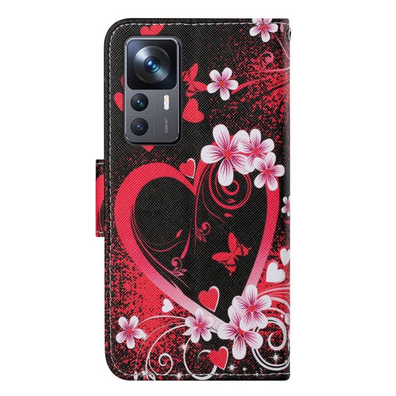 Flip Cover Xiaomi 12T / 12T Pro Blomster Og Hjerter Med Snor