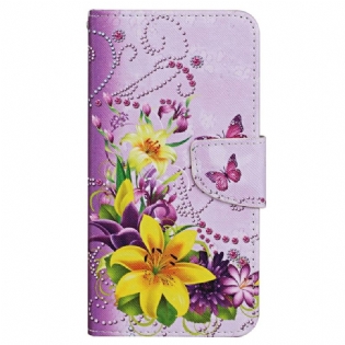 Flip Cover Xiaomi 12T / 12T Pro Blomstersommerfugle Med Snor