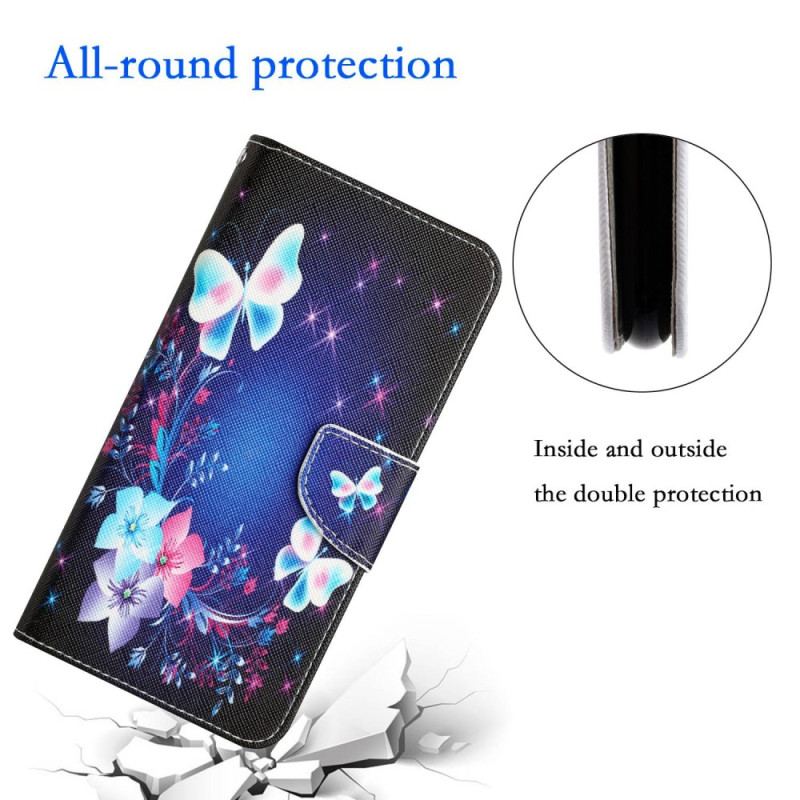 Flip Cover Xiaomi 12T / 12T Pro Lysende Sommerfugle Med Snor