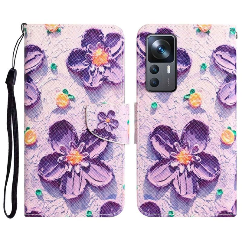 Læder Cover Xiaomi 12T / 12T Pro Med Snor Strappy Blomster