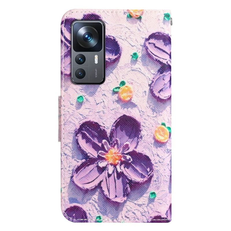 Læder Cover Xiaomi 12T / 12T Pro Med Snor Strappy Blomster