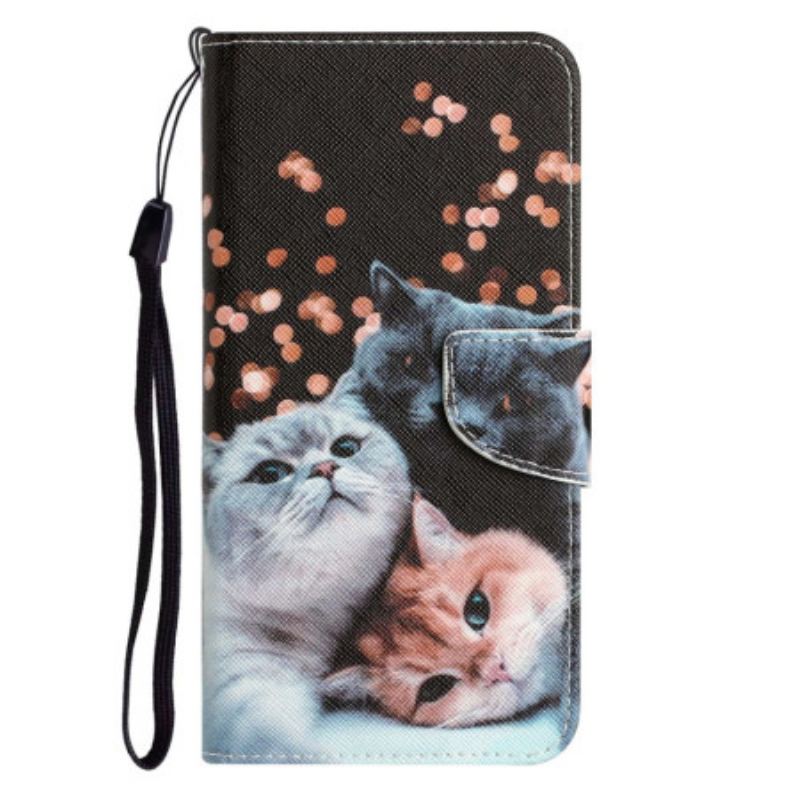 Læder Cover Xiaomi 12T / 12T Pro Med Snor Tre Strappy Cats