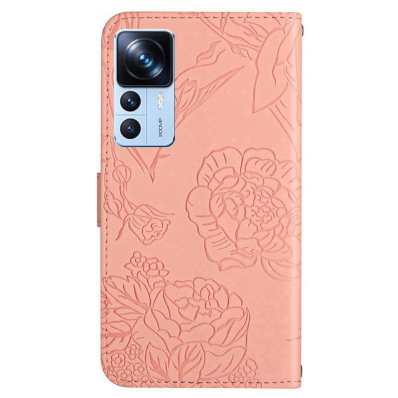 Læder Cover Xiaomi 12T / 12T Pro Sommerfugle Med Snor