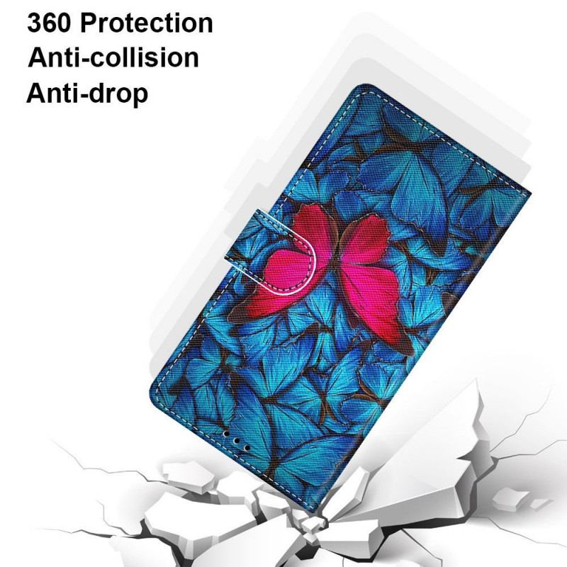 Læder Cover Samsung Galaxy A03 Core Rød Sommerfugl Blå Baggrund