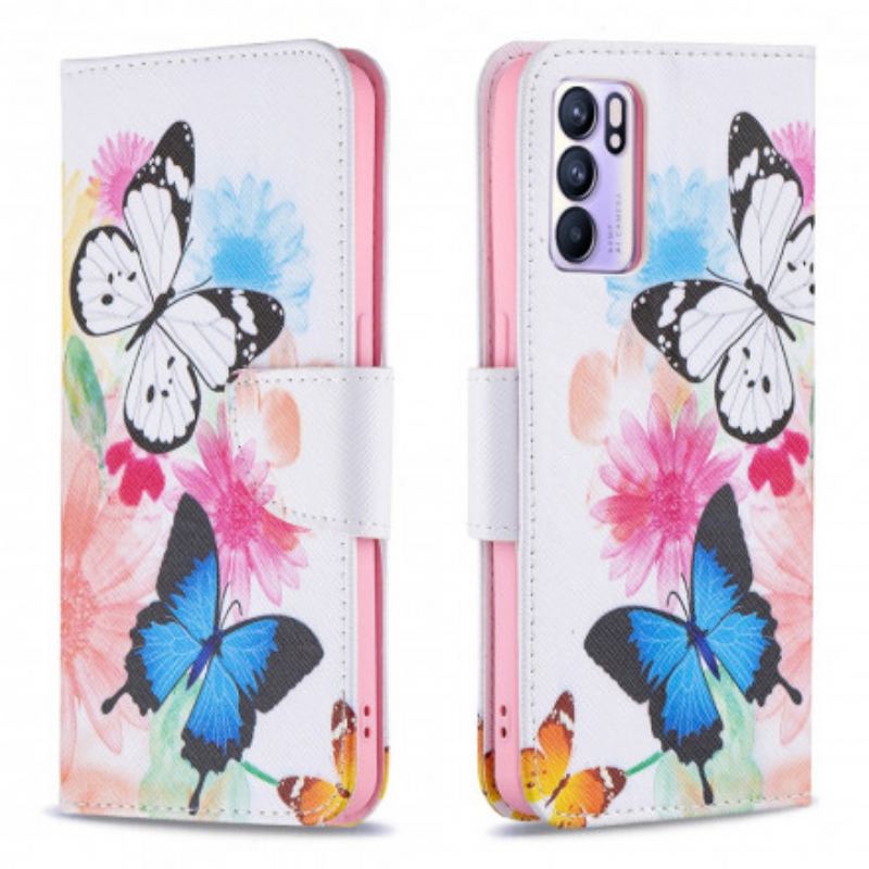 Flip Cover Oppo Reno 6 5G Malede Sommerfugle Og Blomster