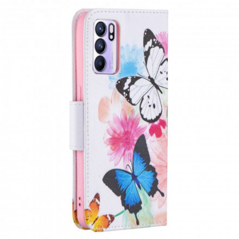 Flip Cover Oppo Reno 6 5G Malede Sommerfugle Og Blomster