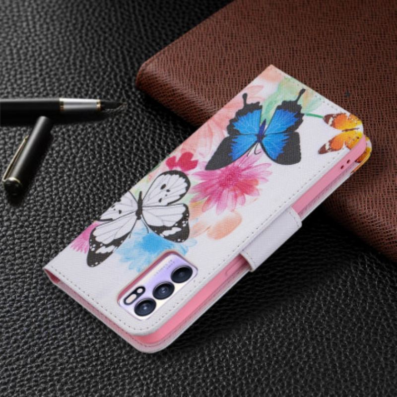 Flip Cover Oppo Reno 6 5G Malede Sommerfugle Og Blomster