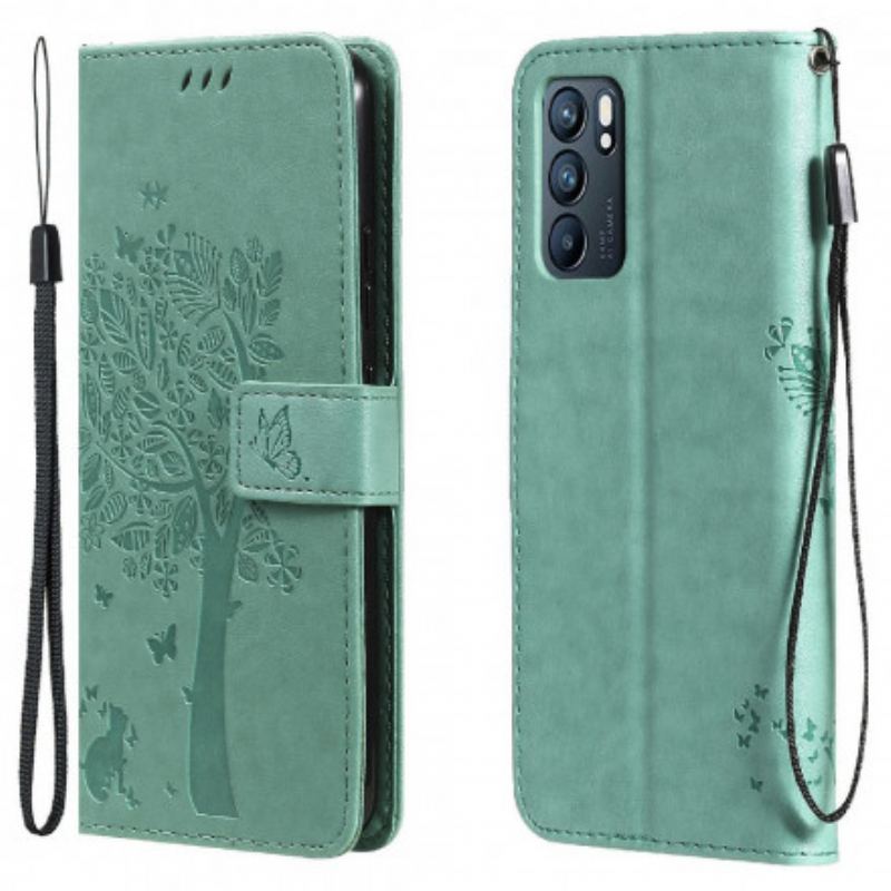 Flip Cover Oppo Reno 6 5G Med Snor Træ Og Strappy Kat