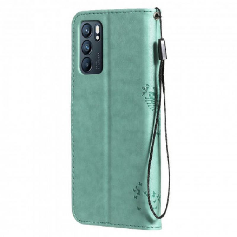 Flip Cover Oppo Reno 6 5G Med Snor Træ Og Strappy Kat