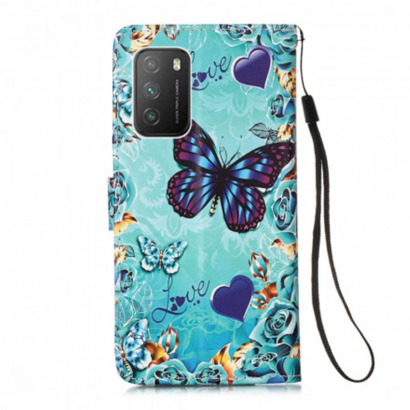 Læder Cover Poco M3 Med Snor Elsker Butterflies Strappy