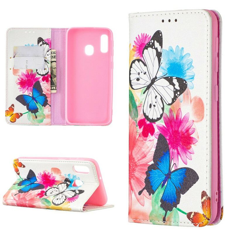 Cover Samsung Galaxy A20e Flip Cover Farverige Sommerfugle