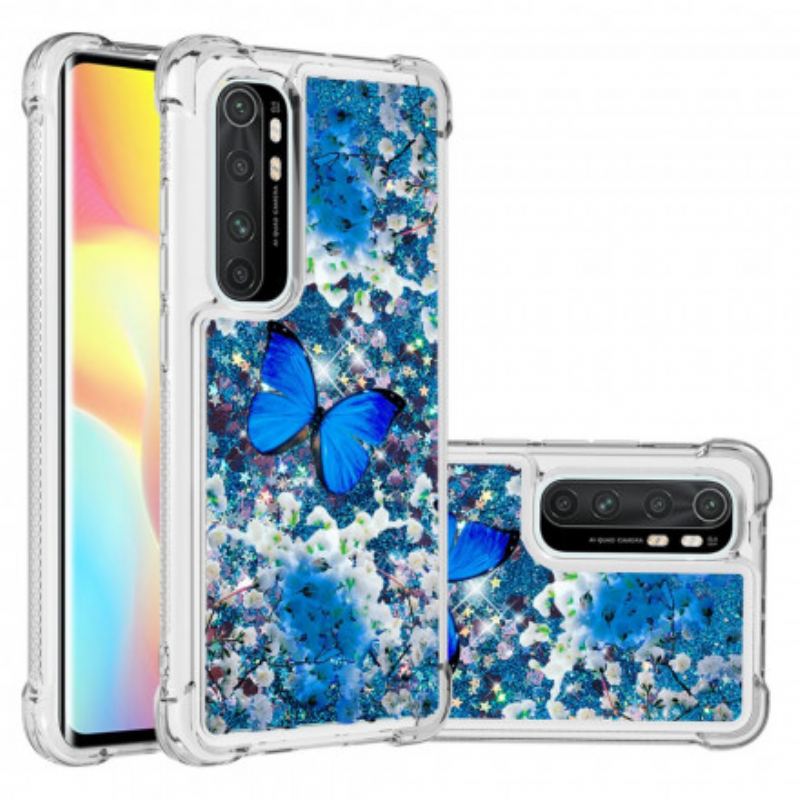 Cover Xiaomi Mi Note 10 Lite Glitter Blå Sommerfugle