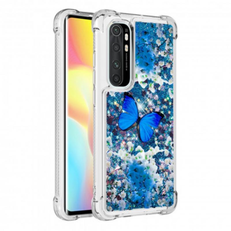 Cover Xiaomi Mi Note 10 Lite Glitter Blå Sommerfugle