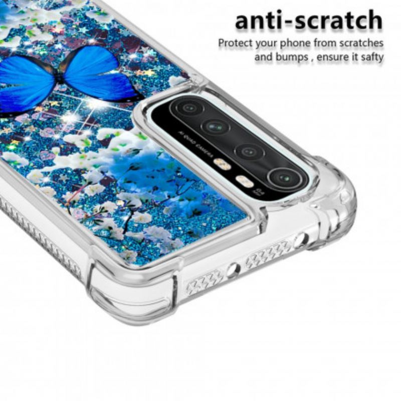 Cover Xiaomi Mi Note 10 Lite Glitter Blå Sommerfugle