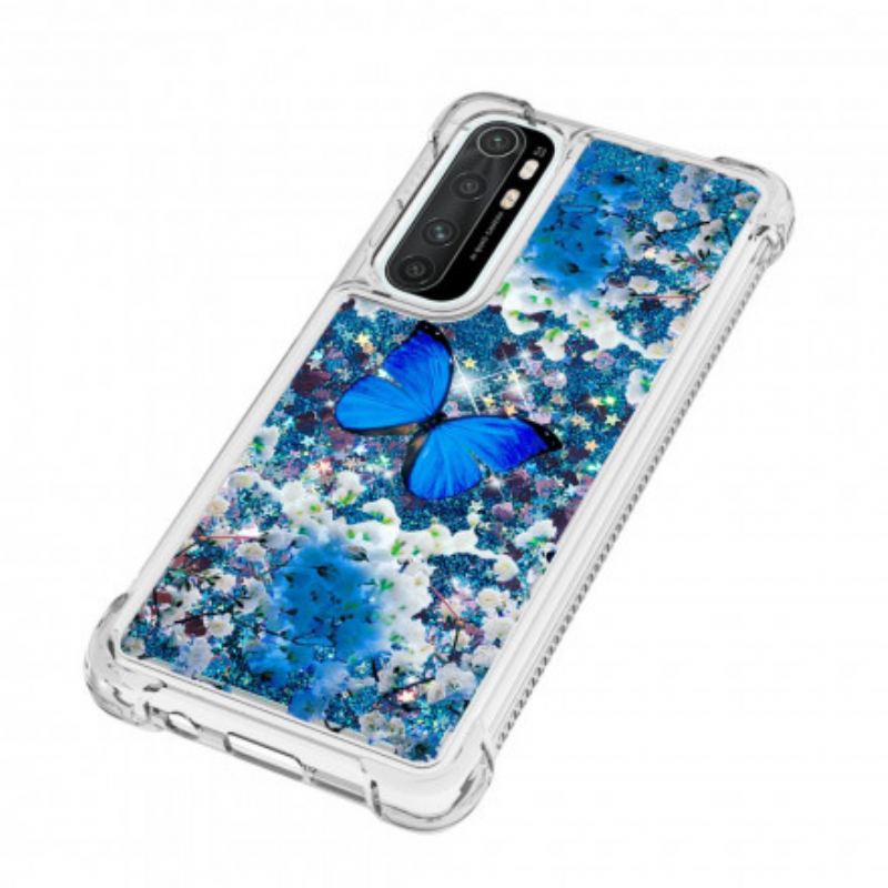 Cover Xiaomi Mi Note 10 Lite Glitter Blå Sommerfugle