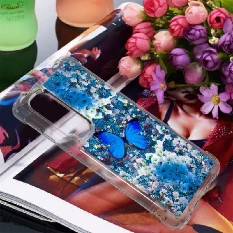 Cover Xiaomi Mi Note 10 Lite Glitter Blå Sommerfugle