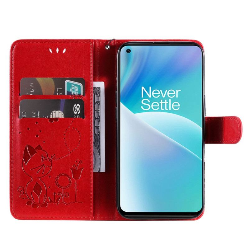 Læder Cover OnePlus Nord 2T 5G Med Snor Kat Og Bi Med Lanyard Kortholder