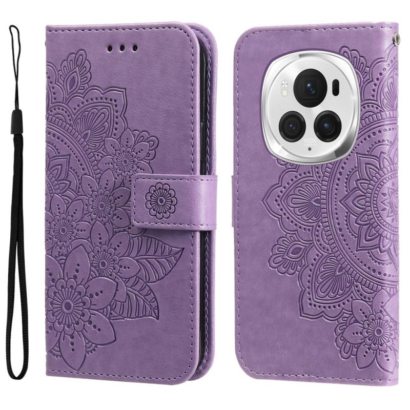 Læder Cover Honor Magic 6 Pro Telefon Etui Blomstermønster Med Rem