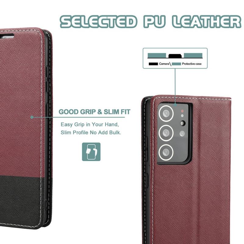 Cover Samsung Galaxy S21 Ultra 5G Flip Cover Tofarvet Tekstureret Kunstlæder