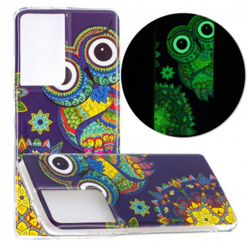 Cover Samsung Galaxy S21 Ultra 5G Fluorescerende Ugle Mandala