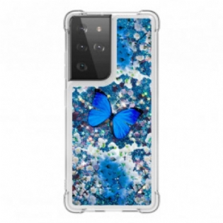 Cover Samsung Galaxy S21 Ultra 5G Glitter Blå Sommerfugle