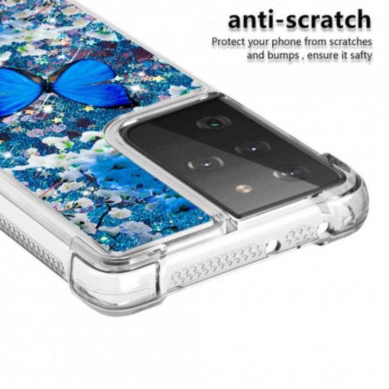 Cover Samsung Galaxy S21 Ultra 5G Glitter Blå Sommerfugle