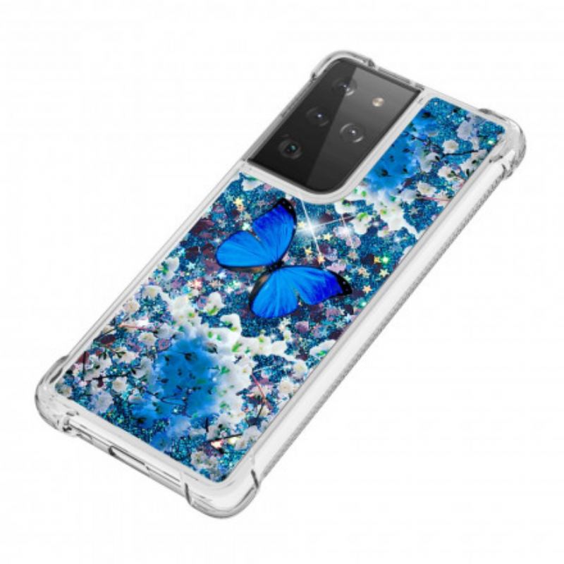 Cover Samsung Galaxy S21 Ultra 5G Glitter Blå Sommerfugle