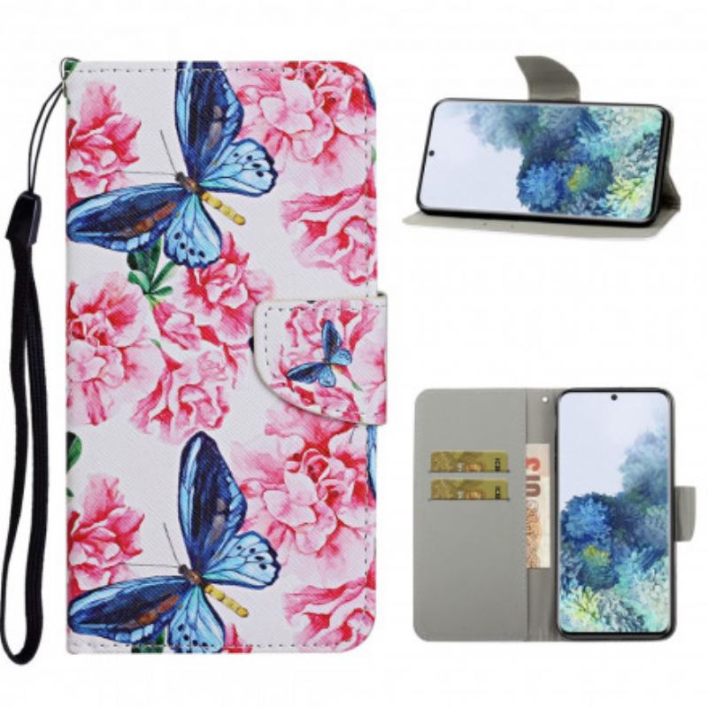 Flip Cover Samsung Galaxy S21 Ultra 5G Butterflies Floral Lanyard