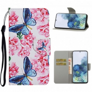 Flip Cover Samsung Galaxy S21 Ultra 5G Butterflies Floral Lanyard