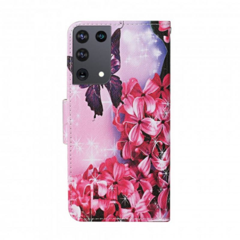 Flip Cover Samsung Galaxy S21 Ultra 5G Butterflies Floral Lanyard