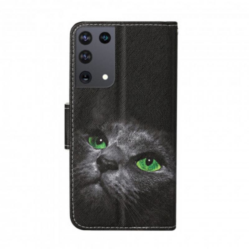 Flip Cover Samsung Galaxy S21 Ultra 5G Grønøjet Kat Med Snor
