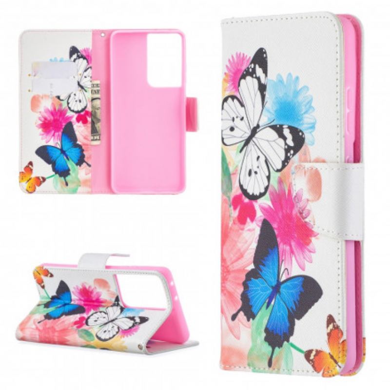 Flip Cover Samsung Galaxy S21 Ultra 5G Malede Sommerfugle Og Blomster