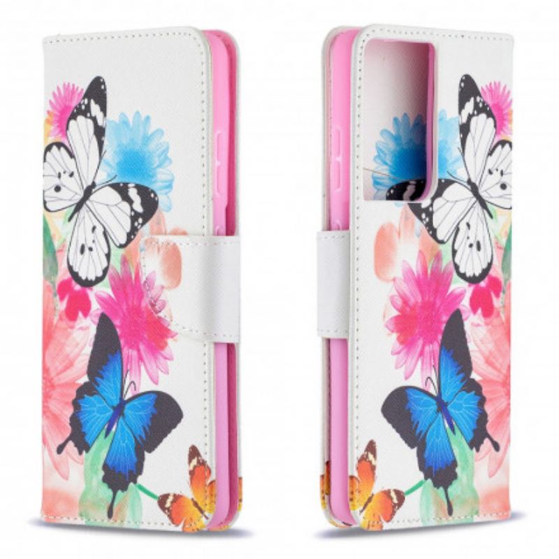 Flip Cover Samsung Galaxy S21 Ultra 5G Malede Sommerfugle Og Blomster