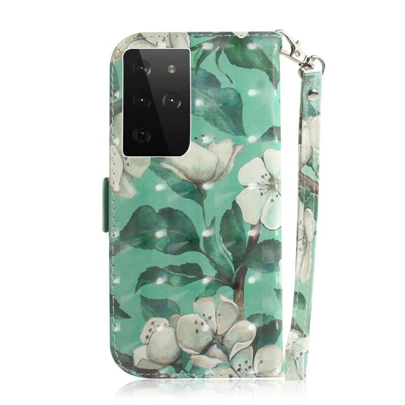 Flip Cover Samsung Galaxy S21 Ultra 5G Med Snor Blomstrende Gren Med Rem