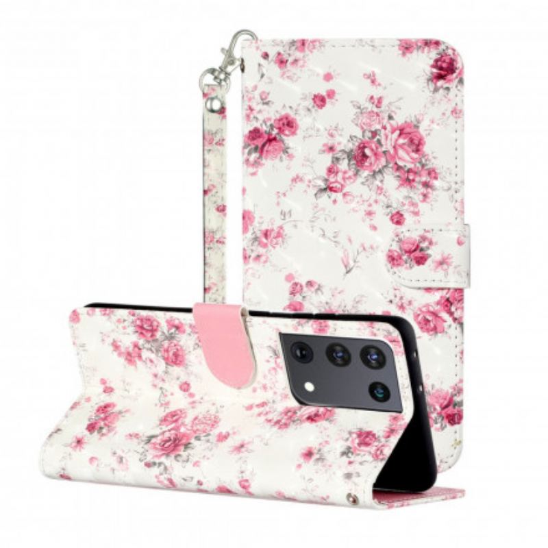 Flip Cover Samsung Galaxy S21 Ultra 5G Med Snor Strap Light Spot Flowers