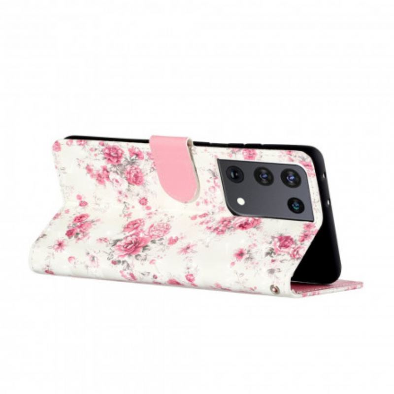 Flip Cover Samsung Galaxy S21 Ultra 5G Med Snor Strap Light Spot Flowers