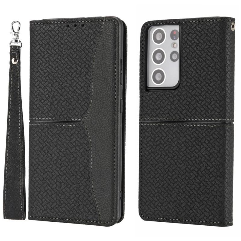 Flip Cover Samsung Galaxy S21 Ultra 5G Med Snor Strappy Vævet Læder Stil