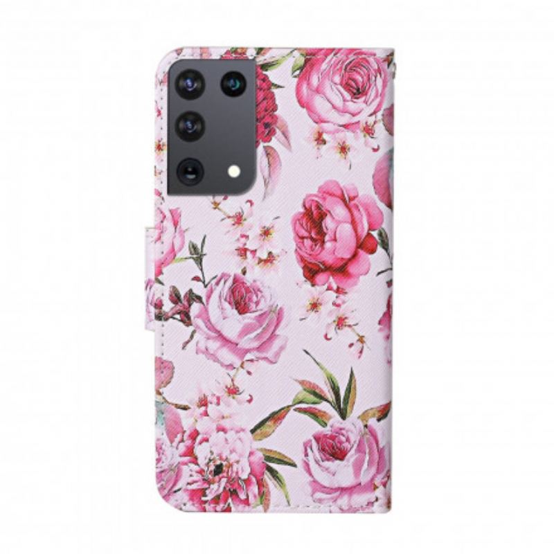 Flip Cover Samsung Galaxy S21 Ultra 5G Mesterlige Blomster Med Rem