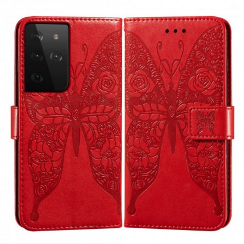 Flip Cover Samsung Galaxy S21 Ultra 5G Sommerfugle Blomstermønster