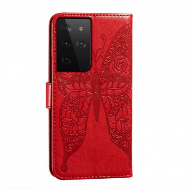 Flip Cover Samsung Galaxy S21 Ultra 5G Sommerfugle Blomstermønster