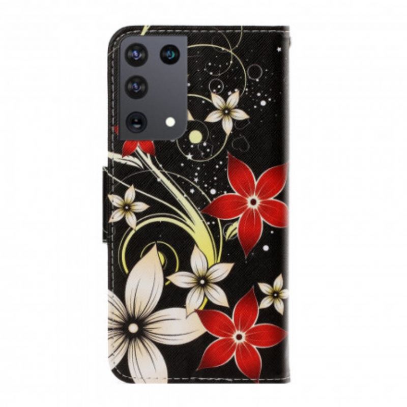 Læder Cover Samsung Galaxy S21 Ultra 5G Med Snor Farverige Strappy Blomster