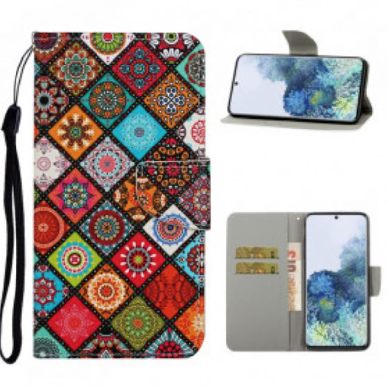 Læder Cover Samsung Galaxy S21 Ultra 5G Patchwork Mandalaer Med Snor