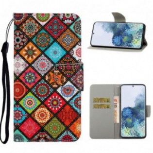 Læder Cover Samsung Galaxy S21 Ultra 5G Patchwork Mandalaer Med Snor