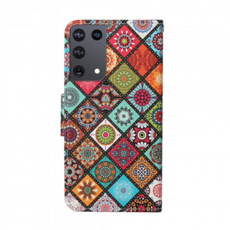 Læder Cover Samsung Galaxy S21 Ultra 5G Patchwork Mandalaer Med Snor