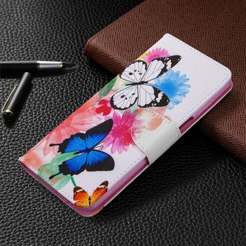 Læder Cover Xiaomi Redmi Note 9S / 9 Pro Malede Sommerfugle Og Blomster